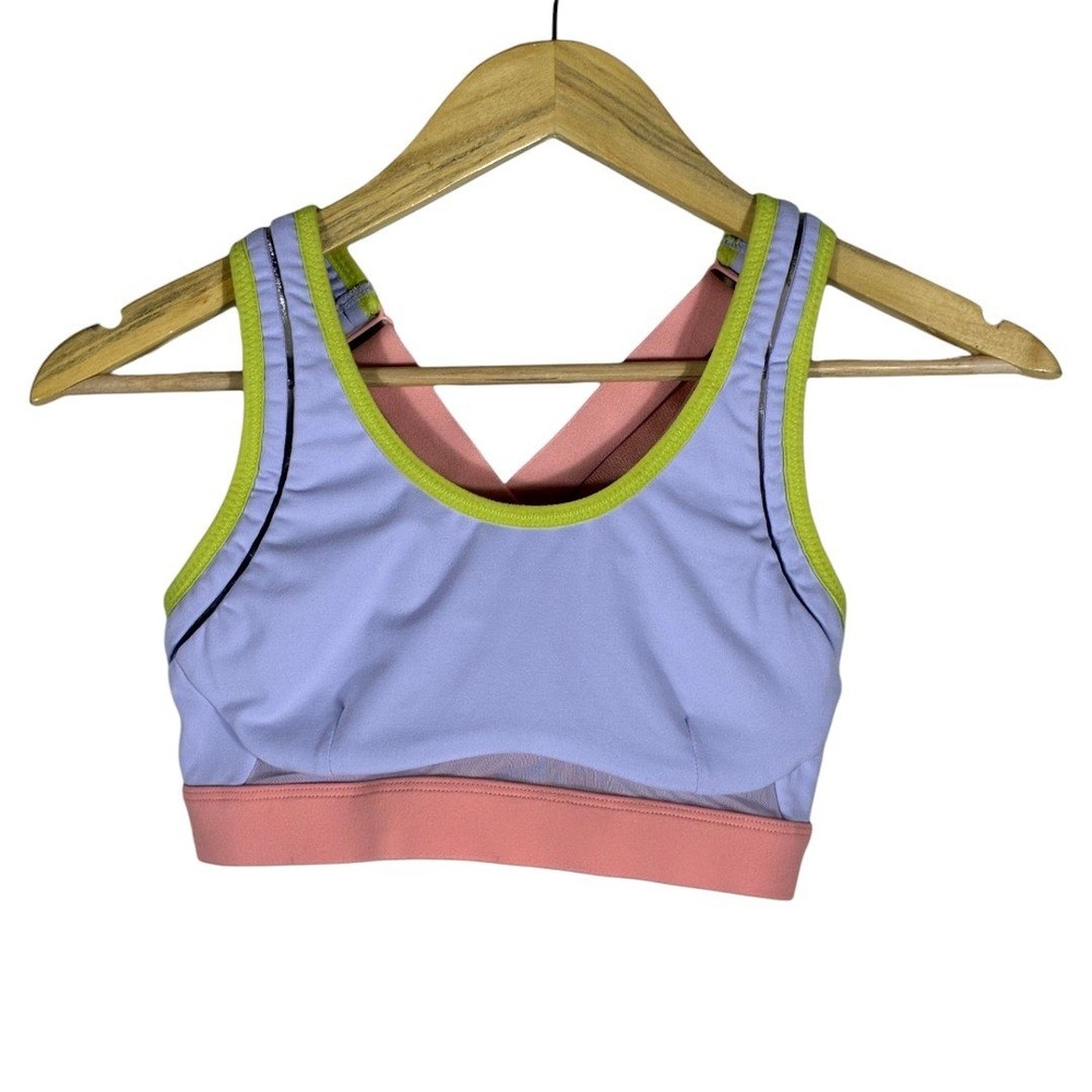 Fabletics Colorblock Mesh Trim High Impact Sports Bra Purple Pink Lime Size XS